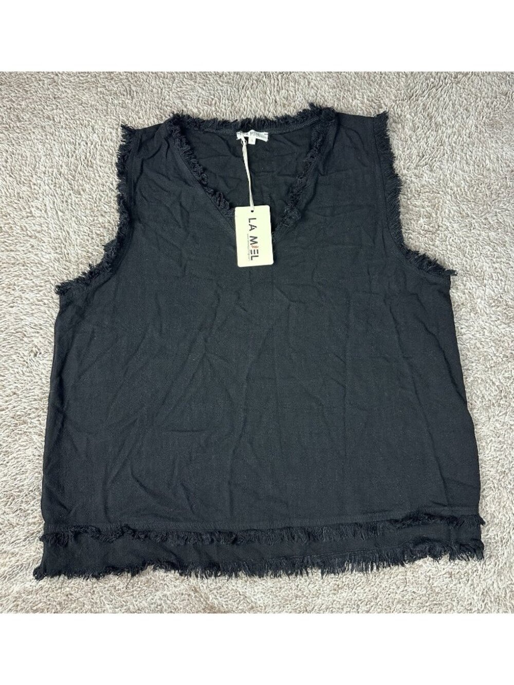 NWT La Miel Womens Size L Black Linen Blend Raw Edge Frayed Fringe V-Neck Tank - Picture 2 of 9